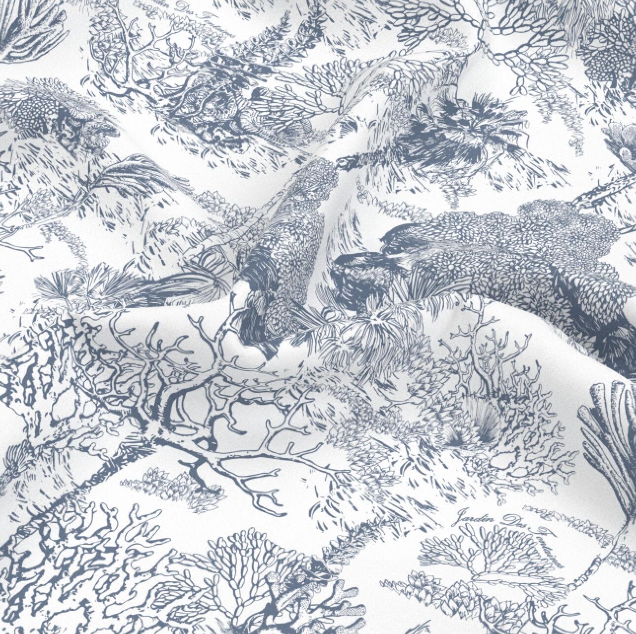 "Toile De Jouy" Dusty Blue Silky Scarf (60cm)