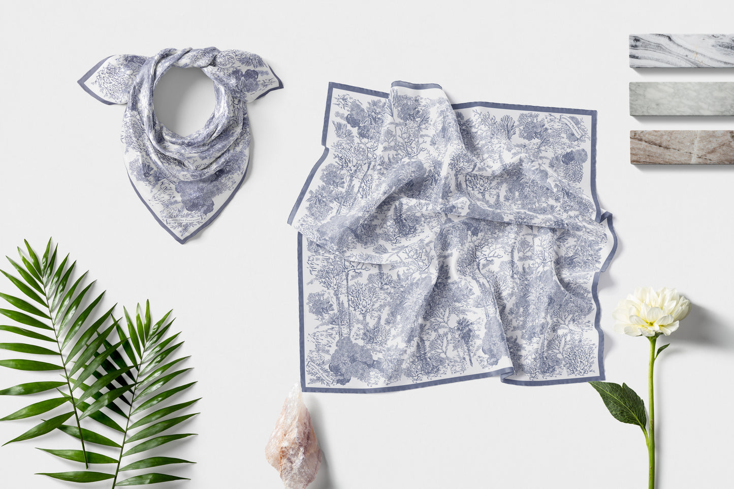 "Toile De Jouy" Dusty Blue Silky Scarf (60cm)