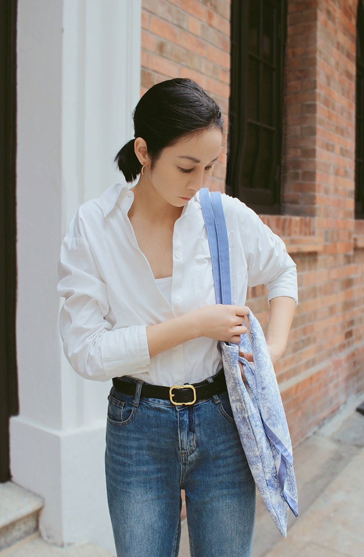 "Toile De Jouy" Dusty Blue Silky Scarf (60cm)