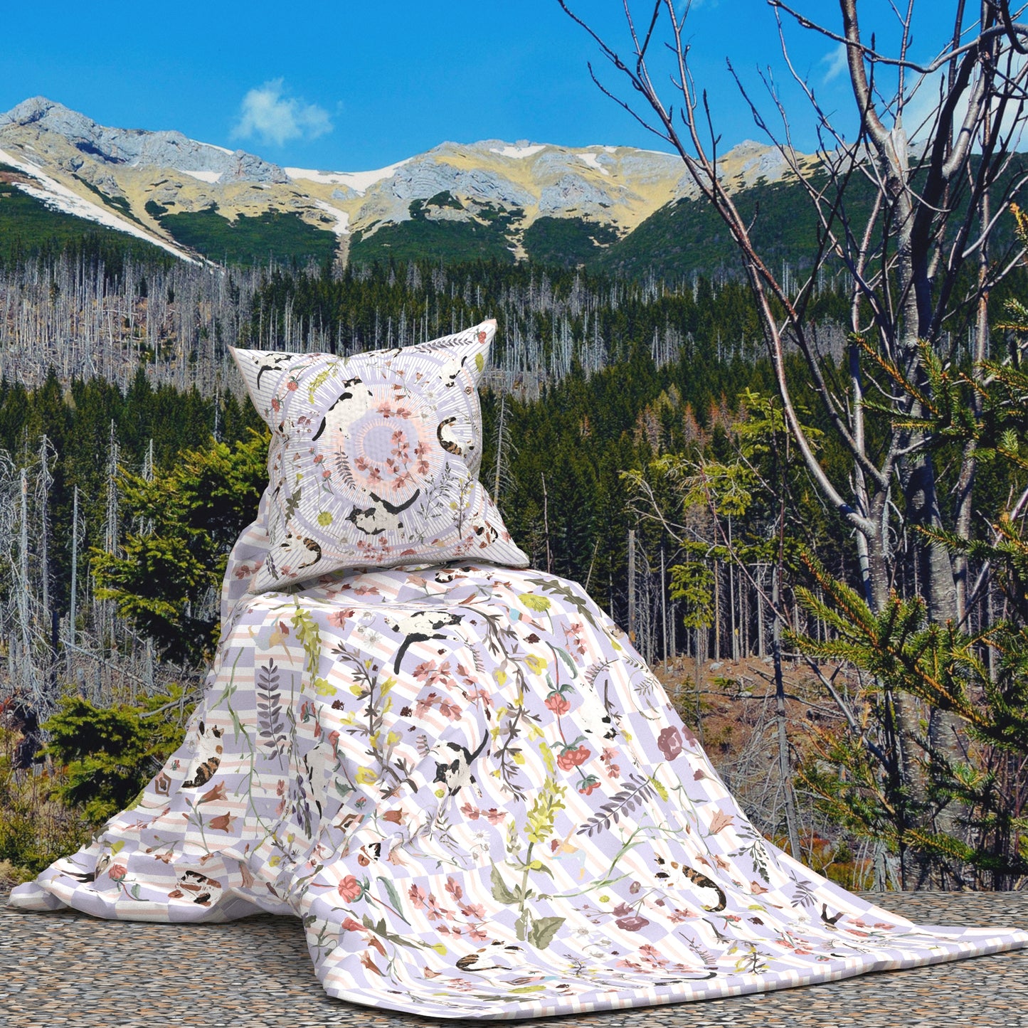 "Yogis Cat and Flower" Quilt Blanket Pillow 2 in 1