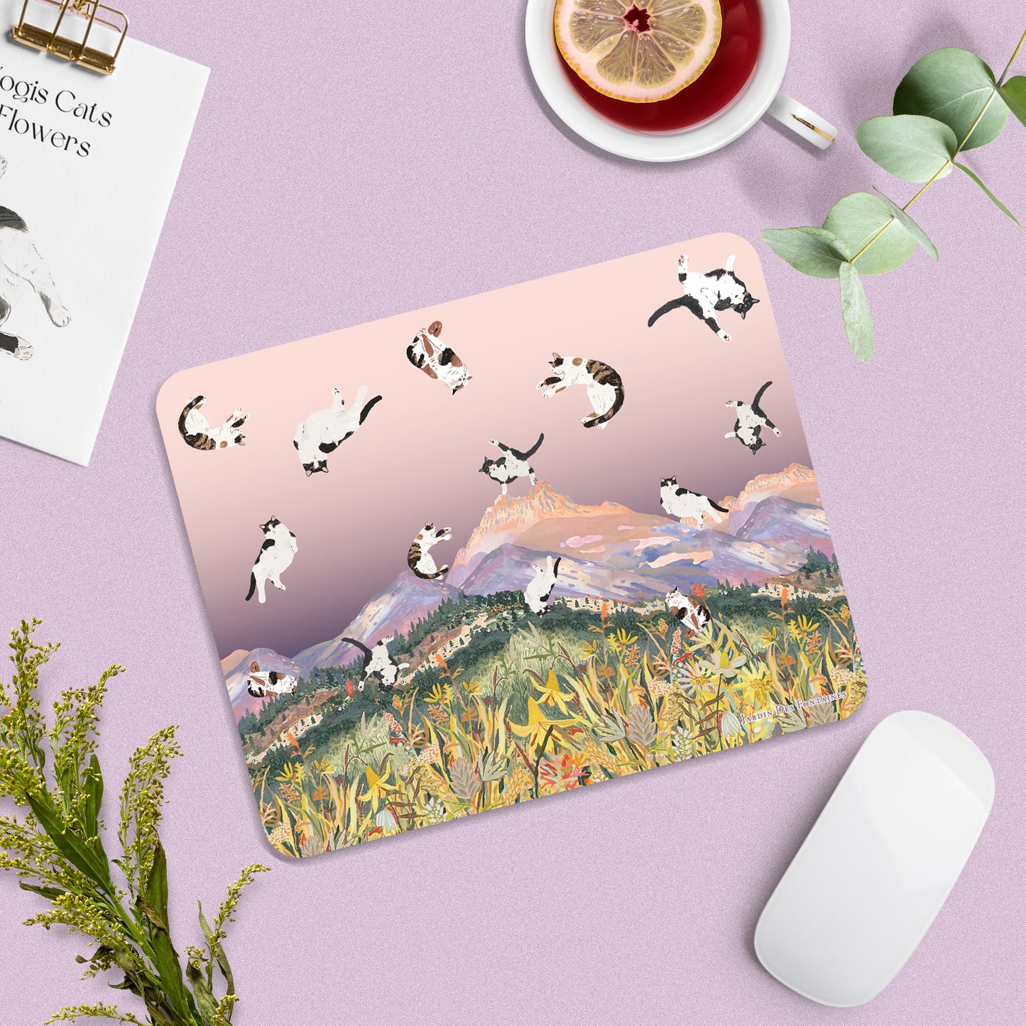 "Yogis Cat and Flower" PU Leather Mouse Pad