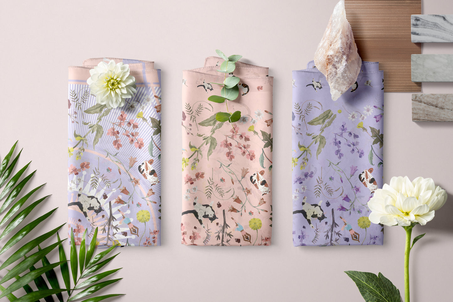 "Yogis Cat and Flower" 60cm Silky Scarf