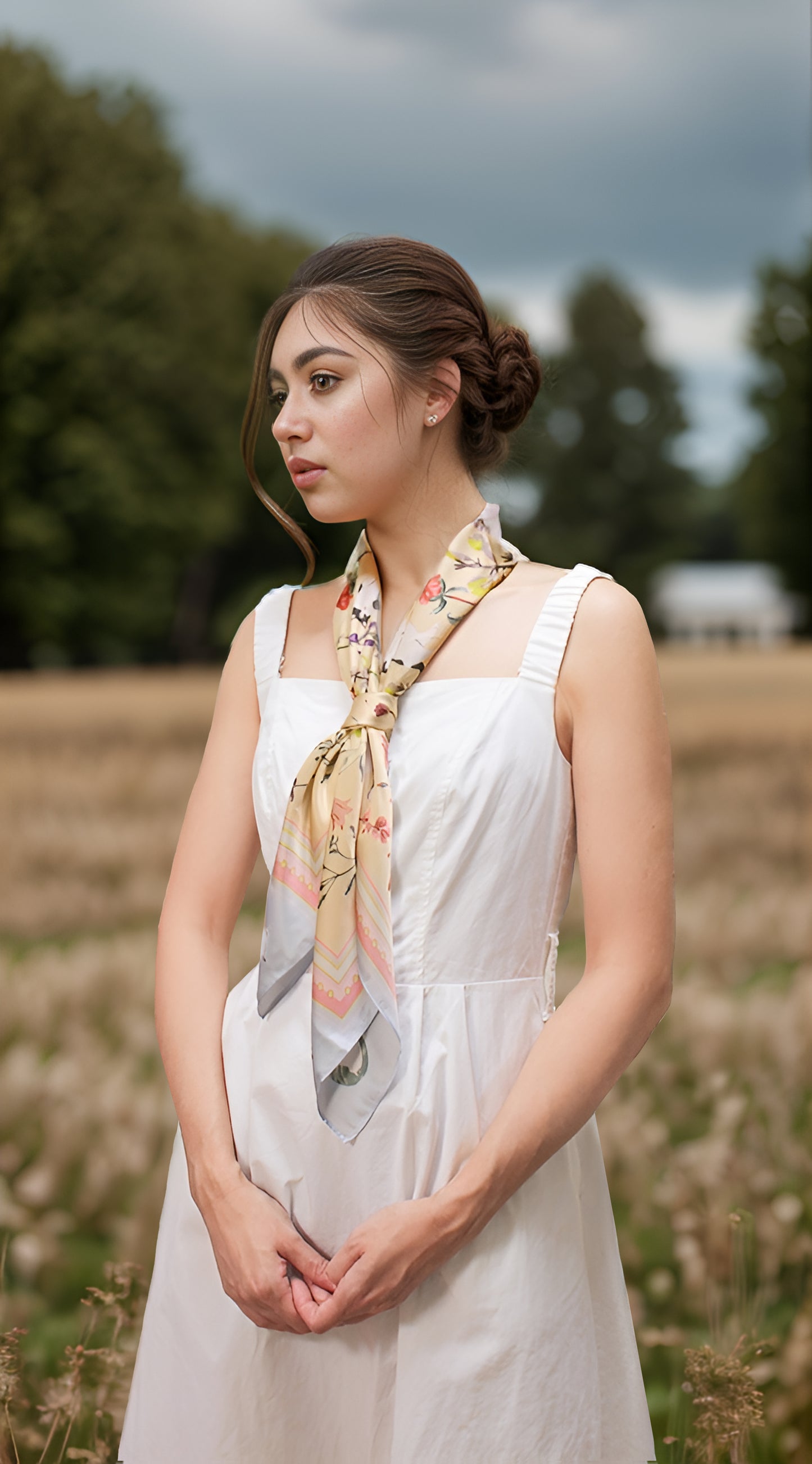 "Yogis Cat and Flower" Yellow Field Silky Scarf (90cm)