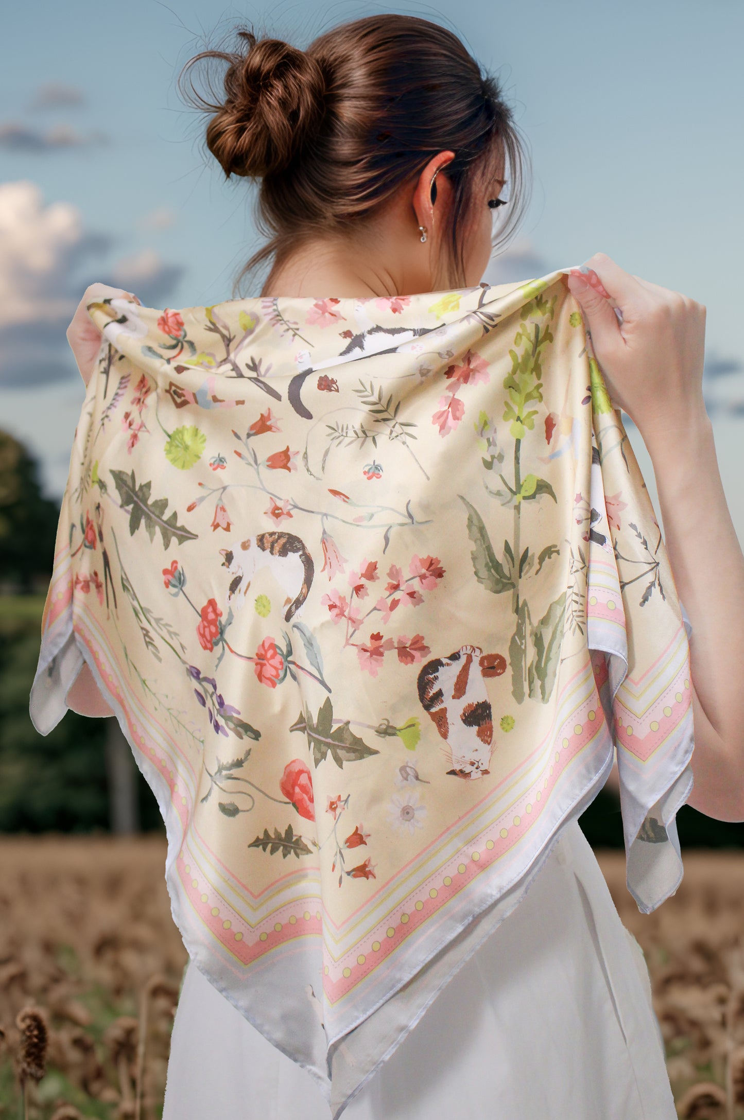"Yogis Cat and Flower" Yellow Field Silky Scarf (90cm)