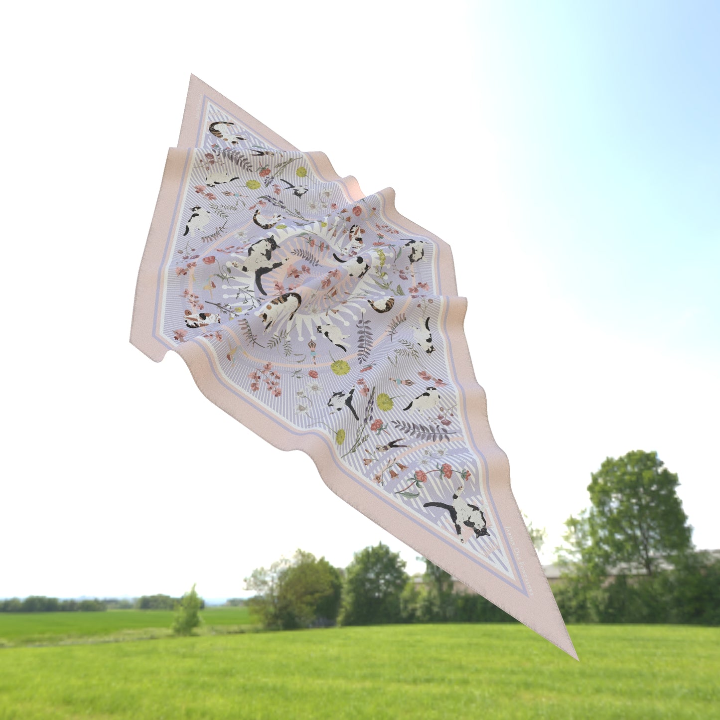 "Yogis Cat and Flower" Diamond Shape Silky Scarf