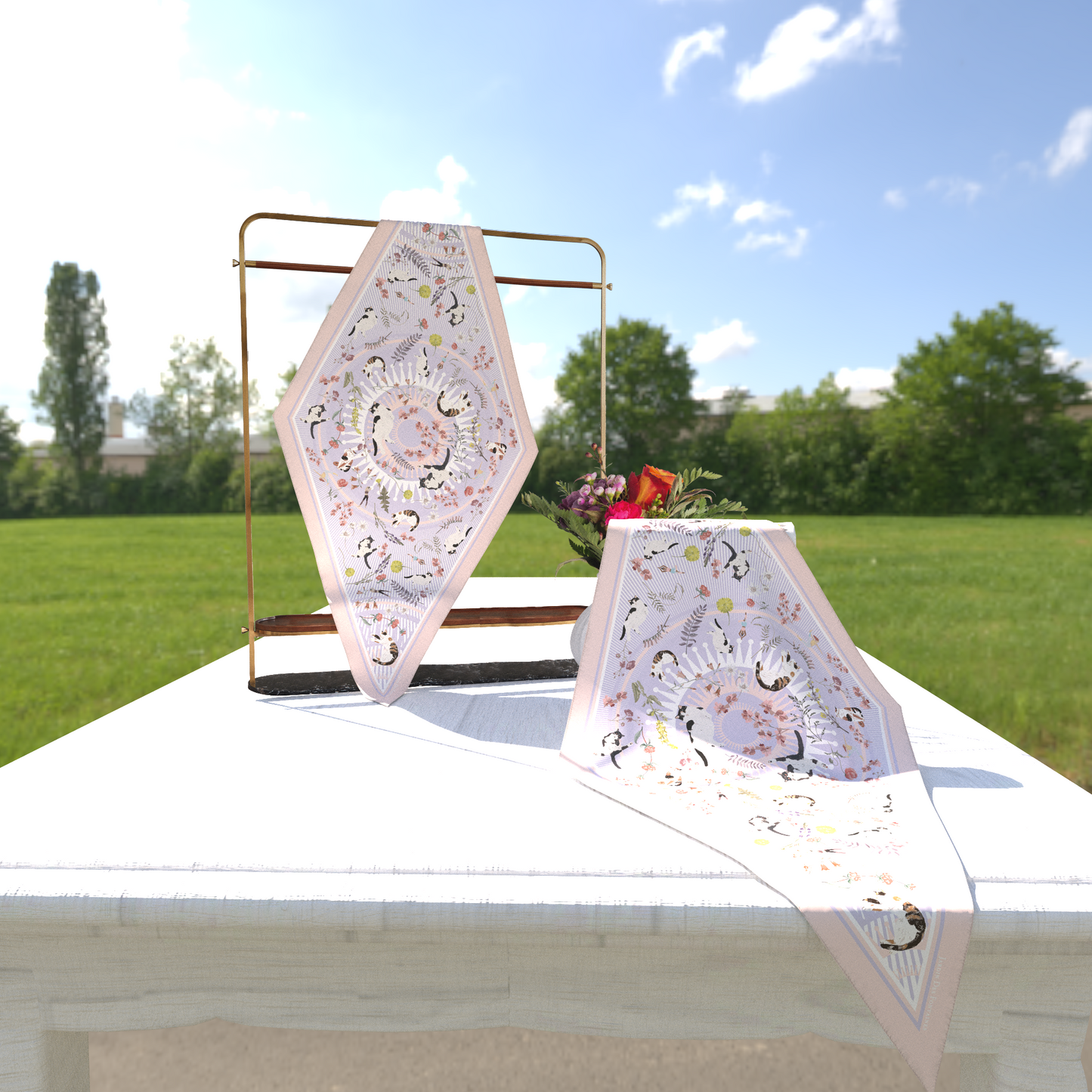 "Yogis Cat and Flower" Diamond Shape Silky Scarf