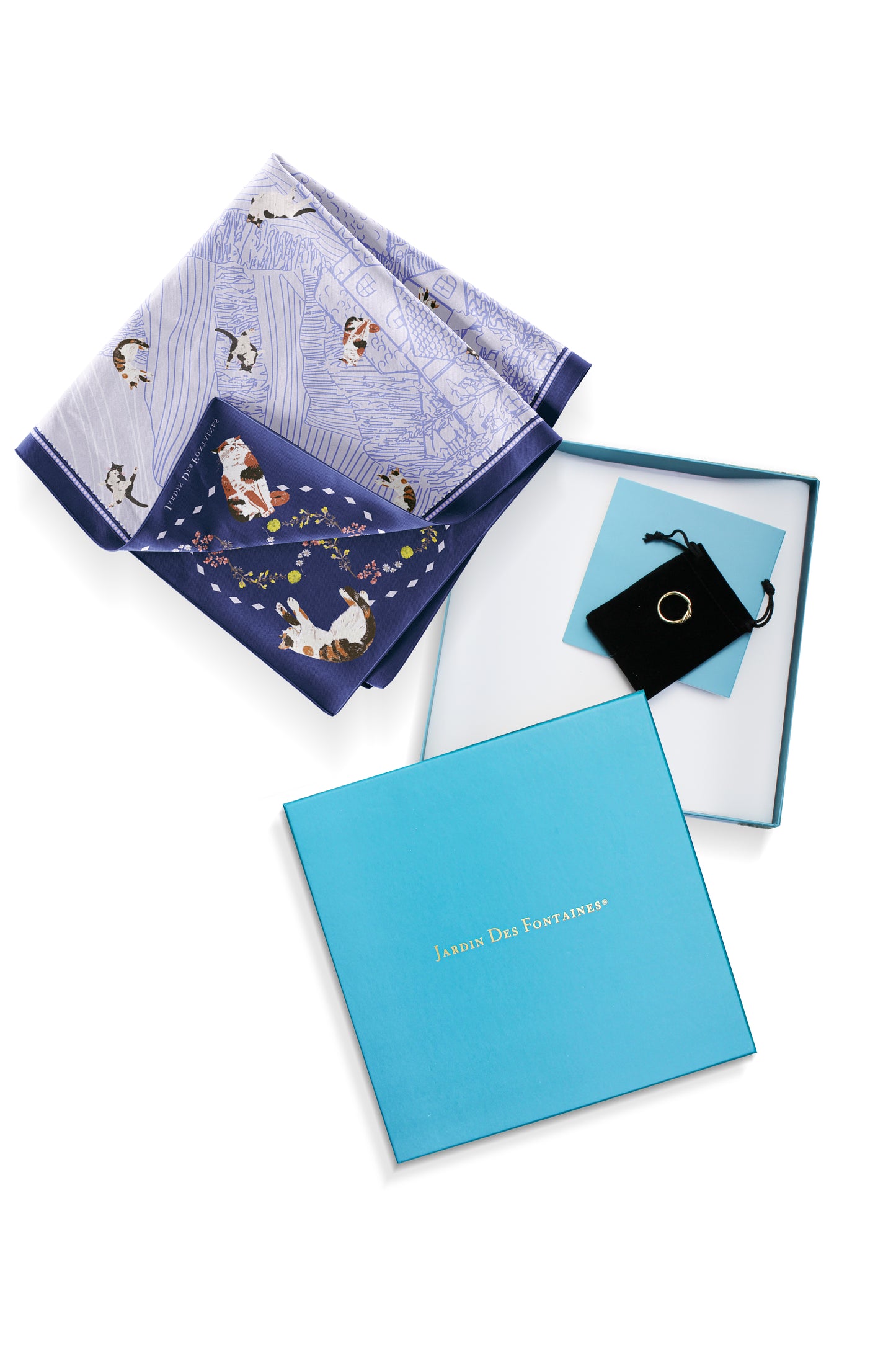"Yogis Cat and Flower" Brown Tatra Mountain Silky Scarf Gift Set (Double Face Silky Scarf and Scarf Ring)