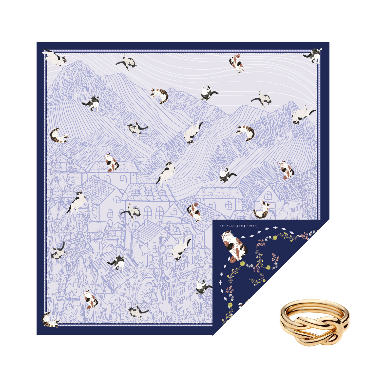"Yogis Cat and Flower" Navy Tatra Mountain Silky Scarf Gift Set (Double Face Silky Scarf and Scarf Ring)