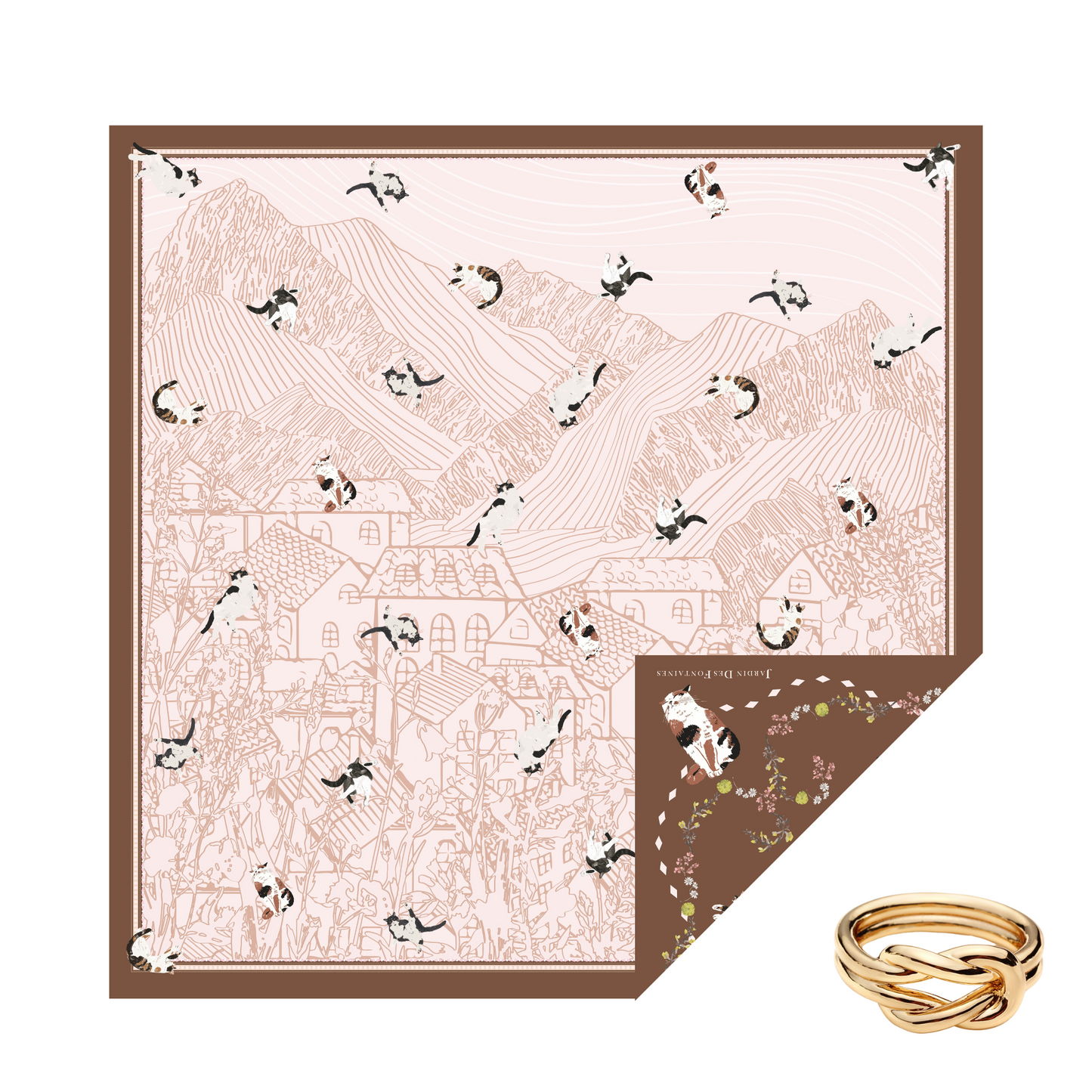 "Yogis Cat and Flower" Brown Tatra Mountain Silky Scarf Gift Set (Double Face Silky Scarf and Scarf Ring)