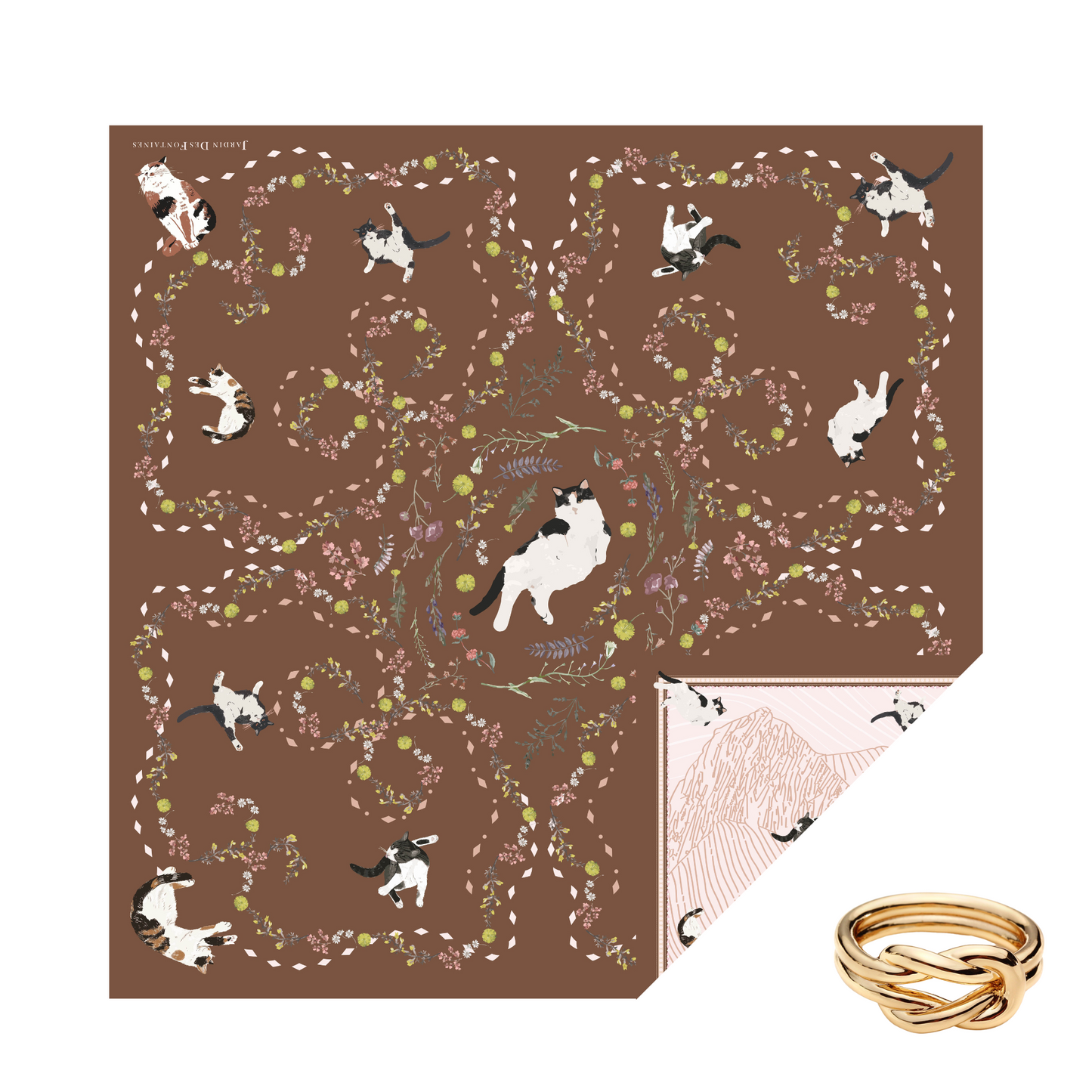 "Yogis Cat and Flower" Brown Tatra Mountain Silky Scarf Gift Set (Double Face Silky Scarf and Scarf Ring)