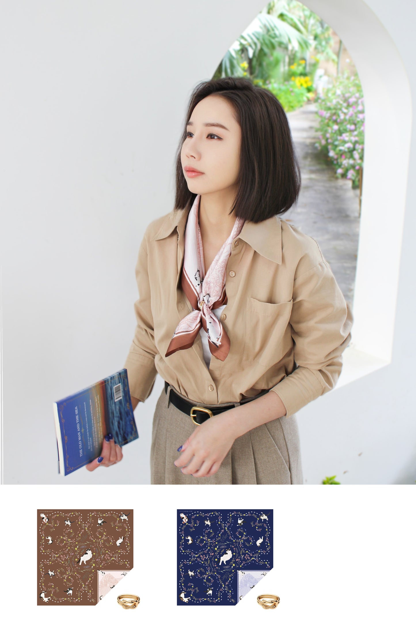"Yogis Cat and Flower" Brown Tatra Mountain Silky Scarf Gift Set (Double Face Silky Scarf and Scarf Ring)