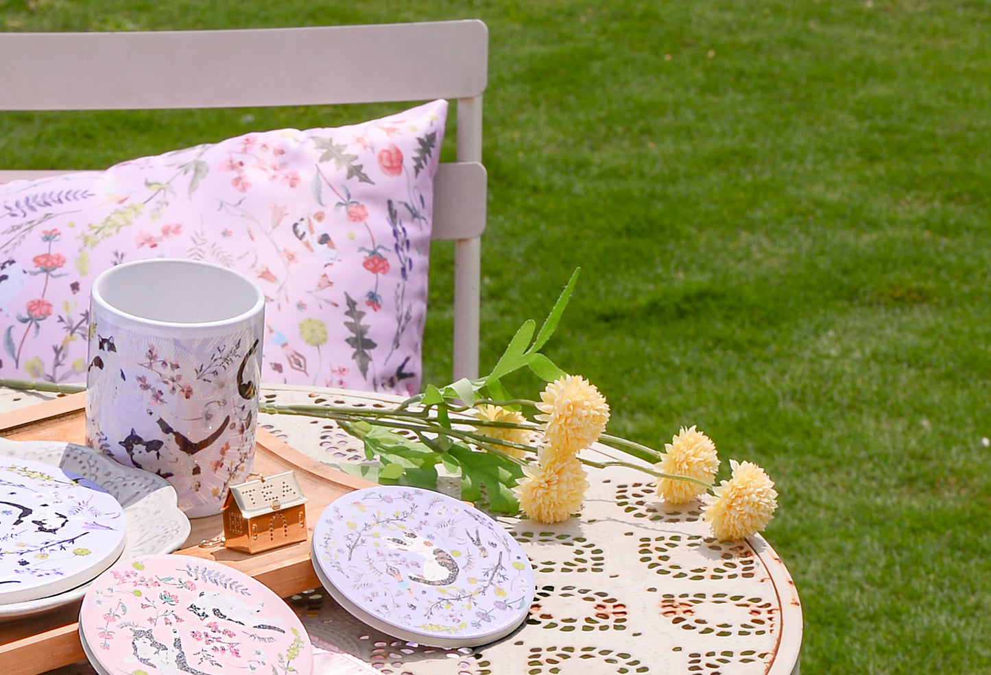 "Yogis Cat and Flower" Mug, Tea Infuser and Coaster Set