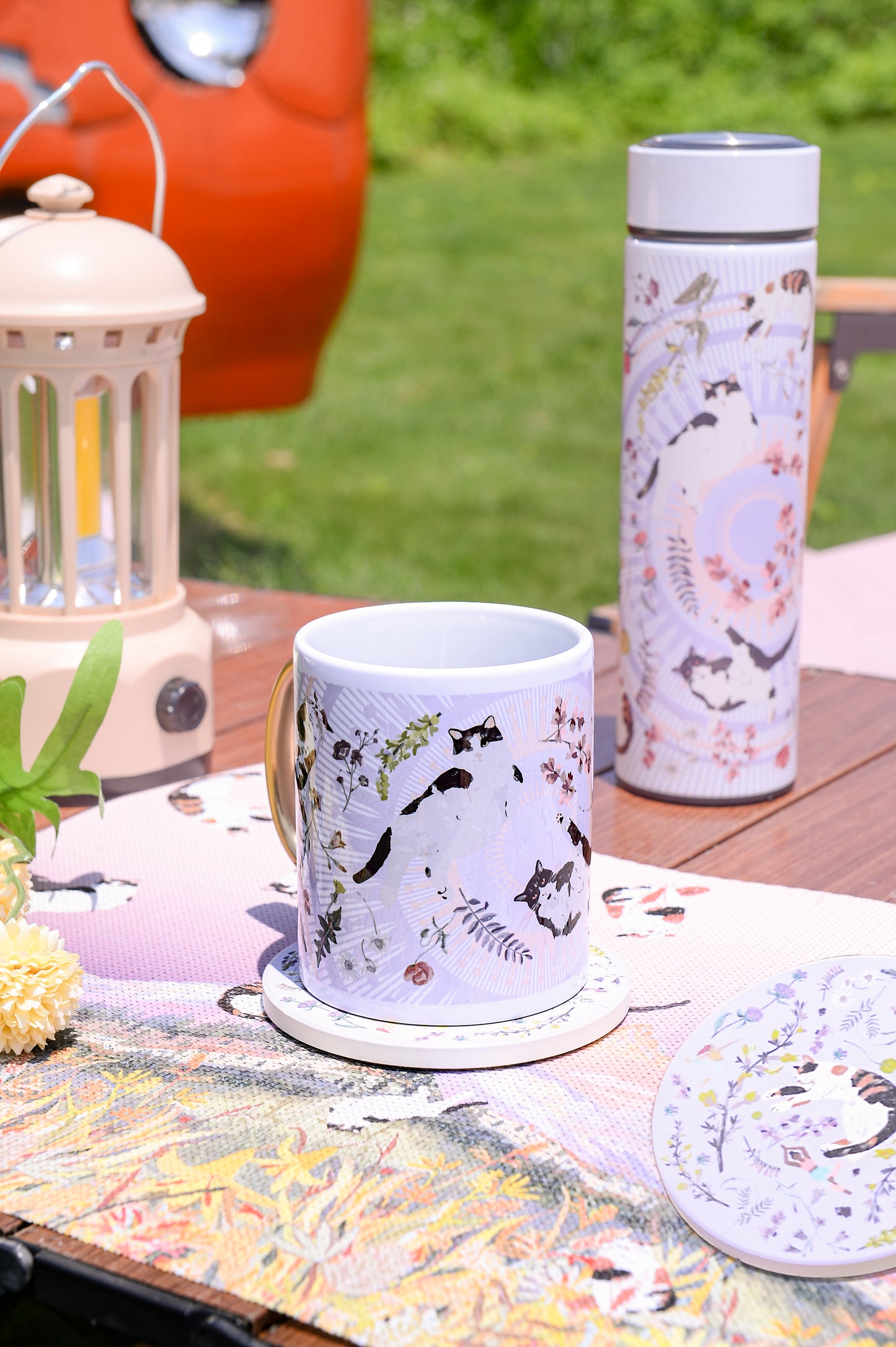 "Yogis Cat and Flower" Mug, Tea Infuser and Coaster Set