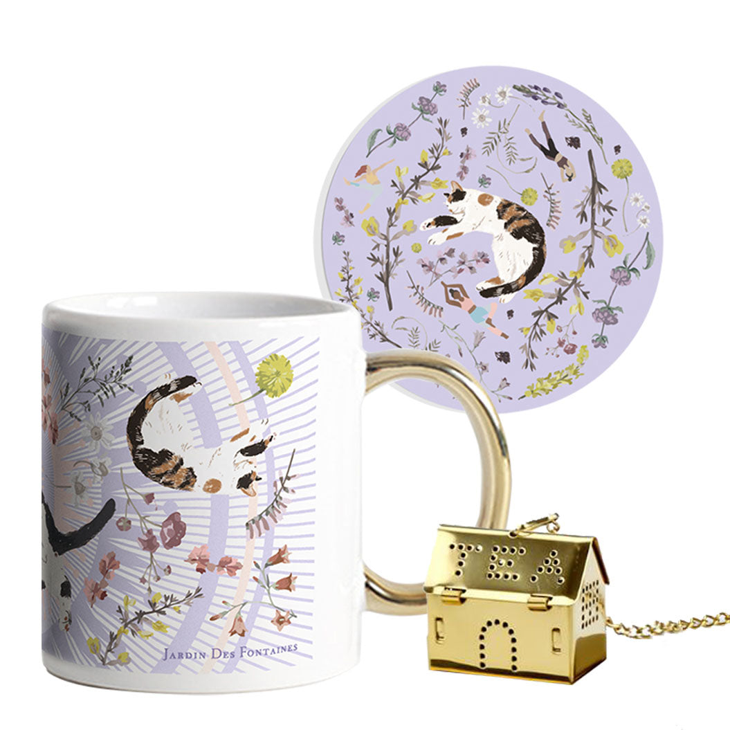 "Yogis Cat and Flower" Mug, Tea Infuser and Coaster Set