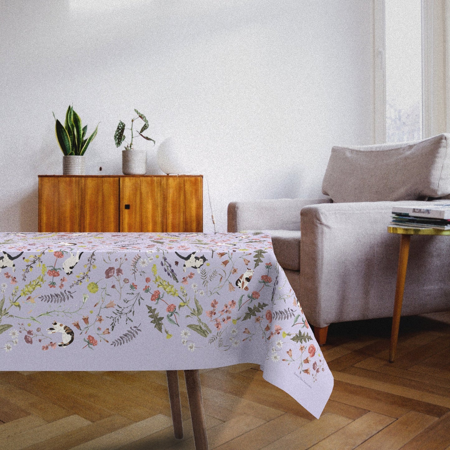 "Yogis Cat and Flower" Purple Field Waterproof Tablecloth