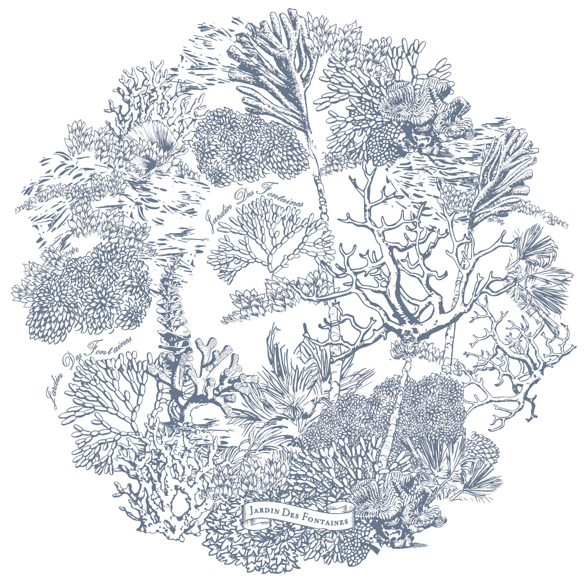 This series of Toile de Jouy features coral flowers as the main theme.