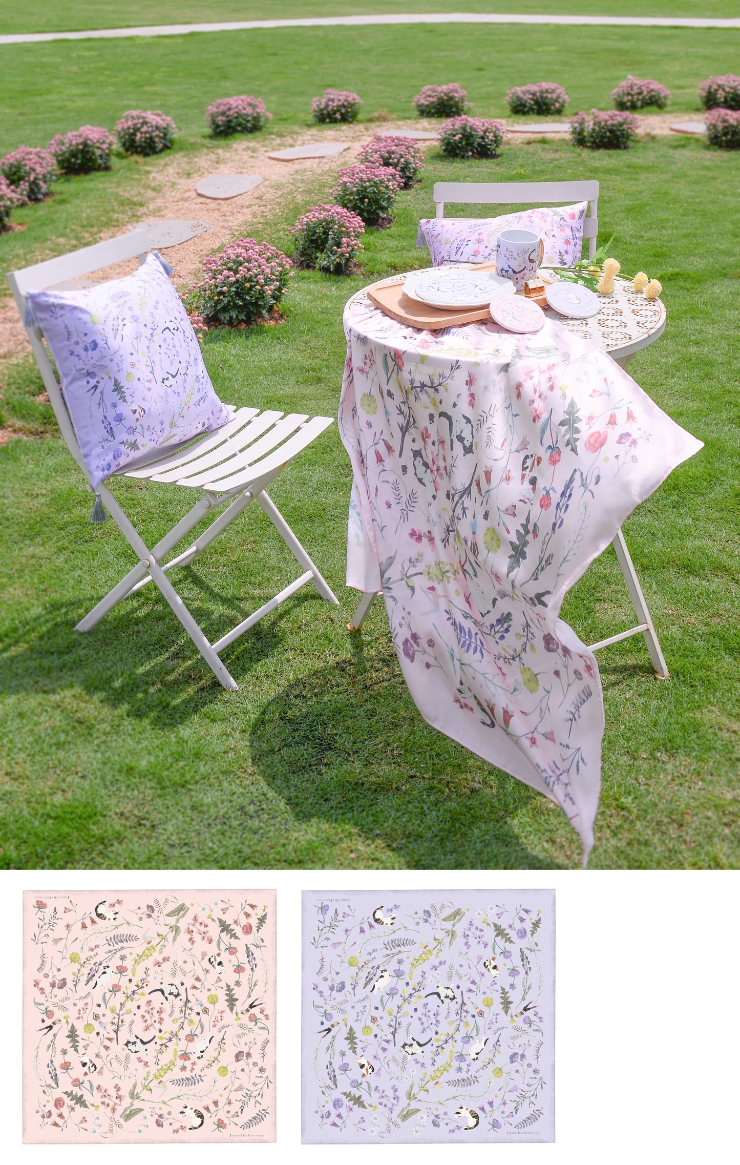 "Yogis Cat and Flower" Purple Field Silky Scarf (90cm)