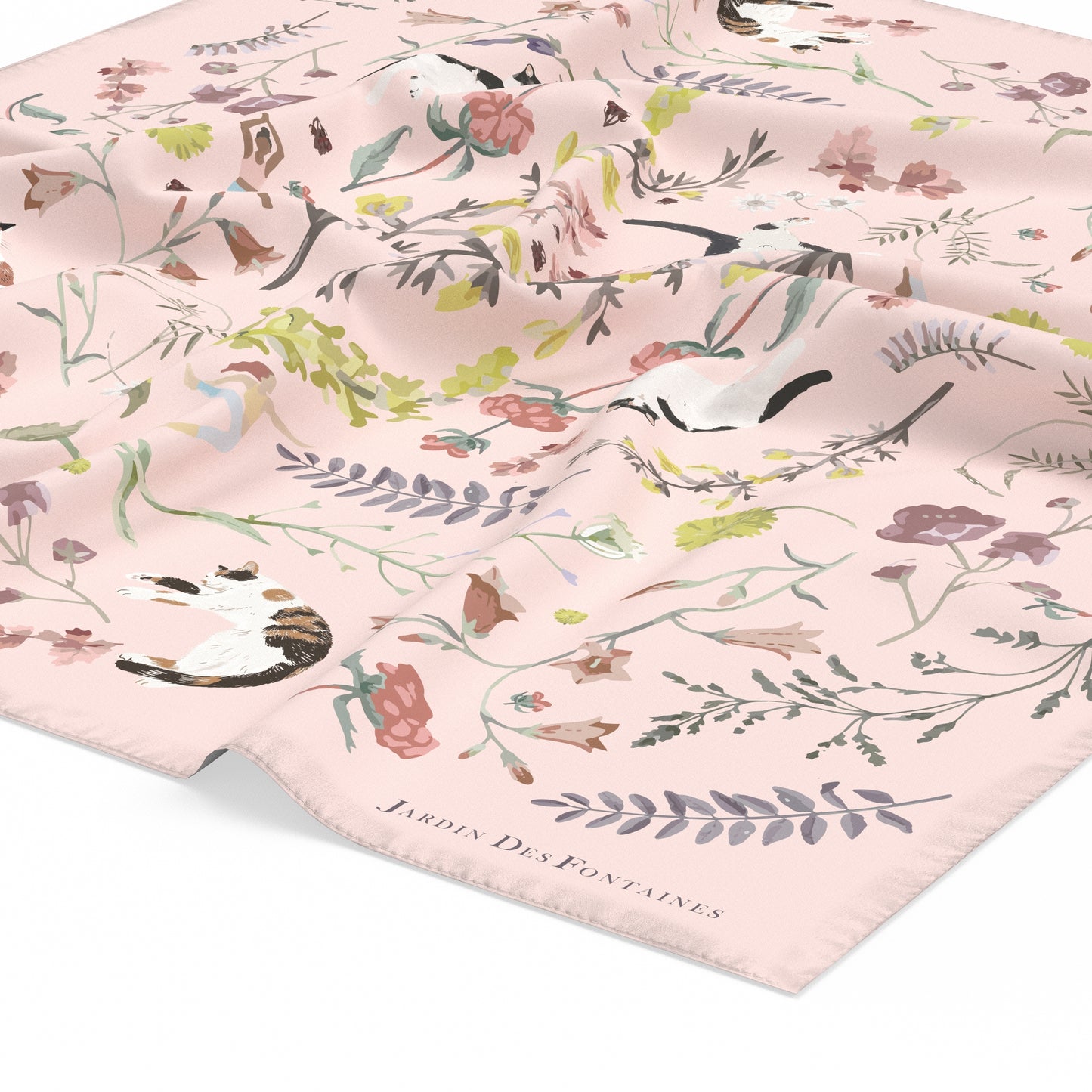 "Yogis Cat and Flower" Purple Field Silky Scarf (90cm)