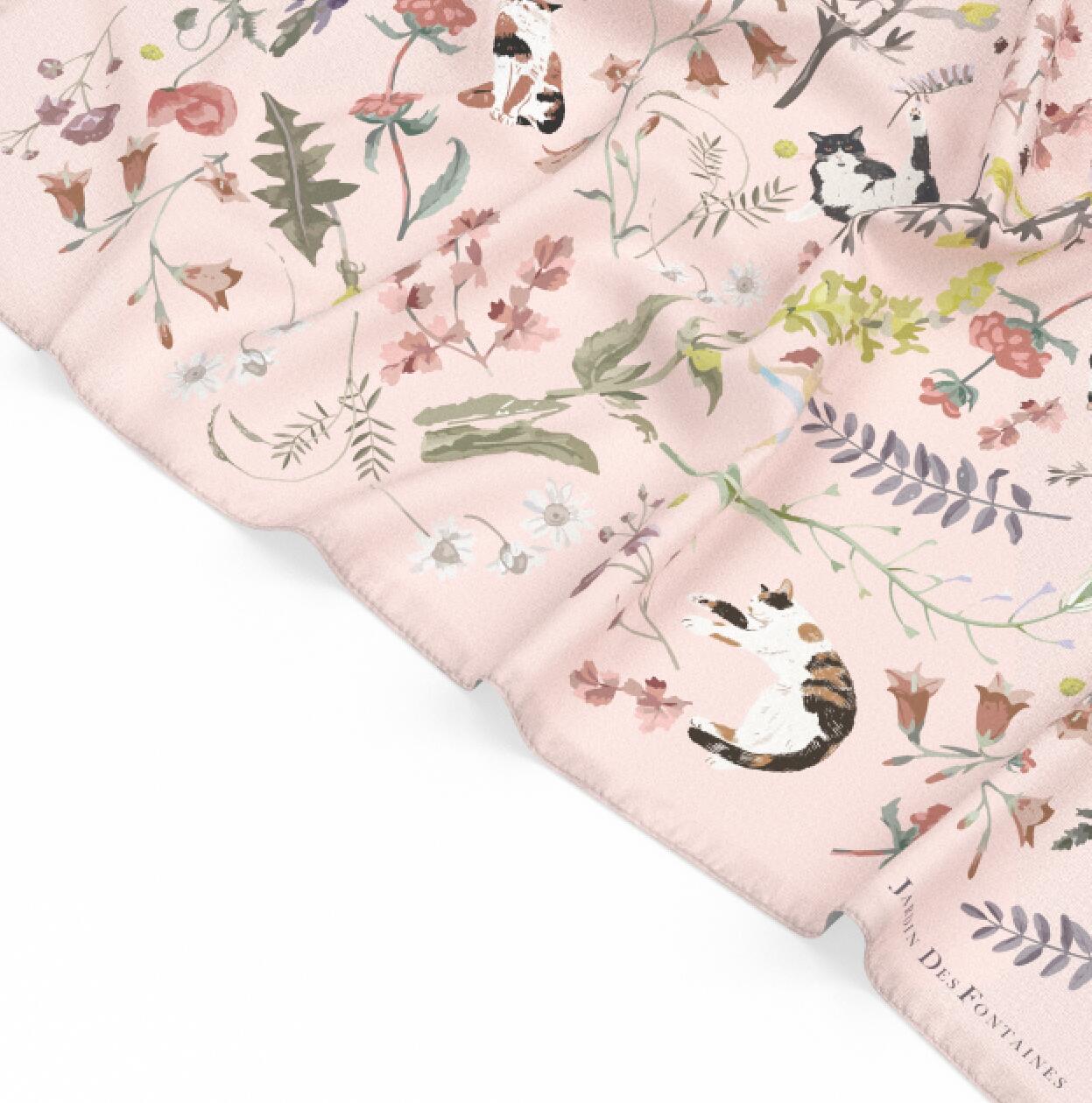 "Yogis Cat and Flower" Purple Field Silky Scarf (90cm)