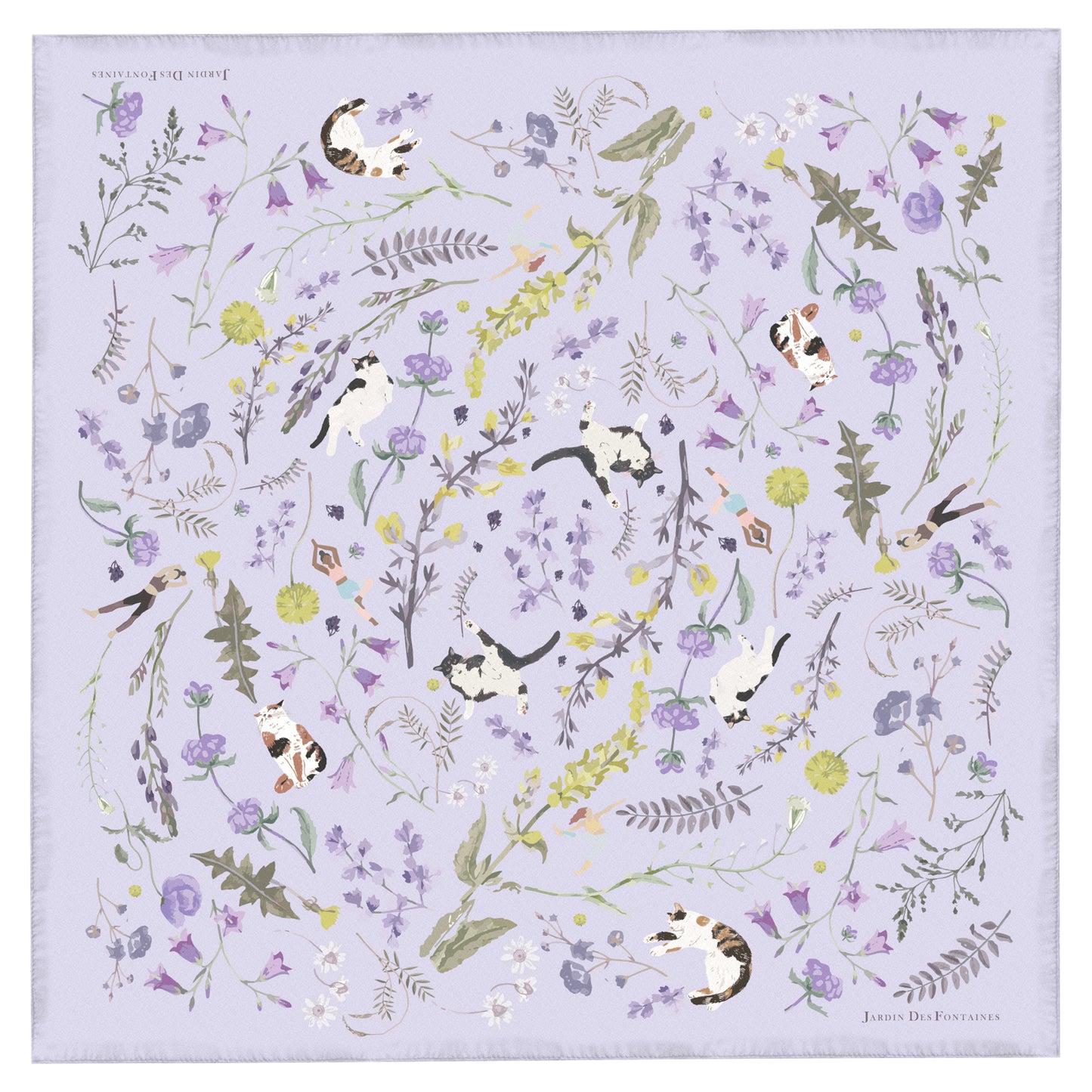 "Yogis Cat and Flower" Purple Field Silky Scarf (90cm)