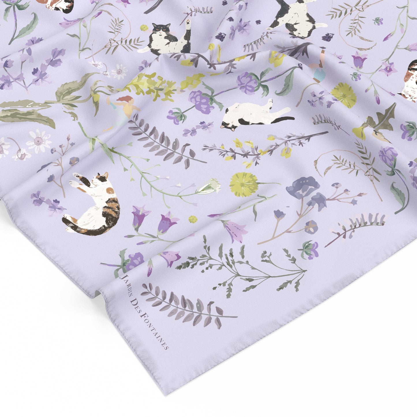 "Yogis Cat and Flower" Purple Field Silky Scarf (90cm)