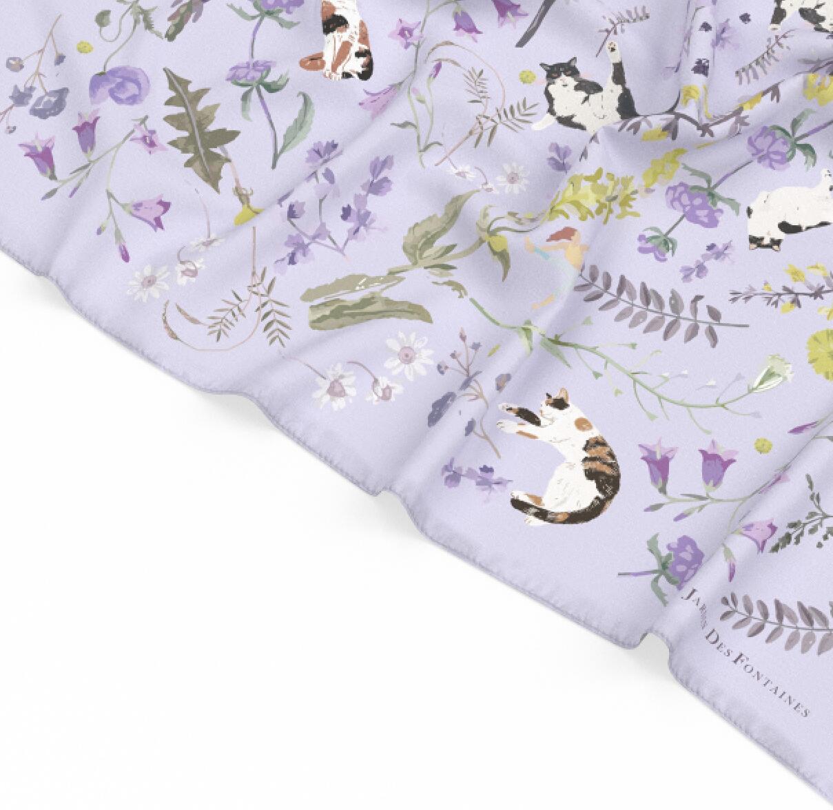 "Yogis Cat and Flower" Purple Field Silky Scarf (90cm)