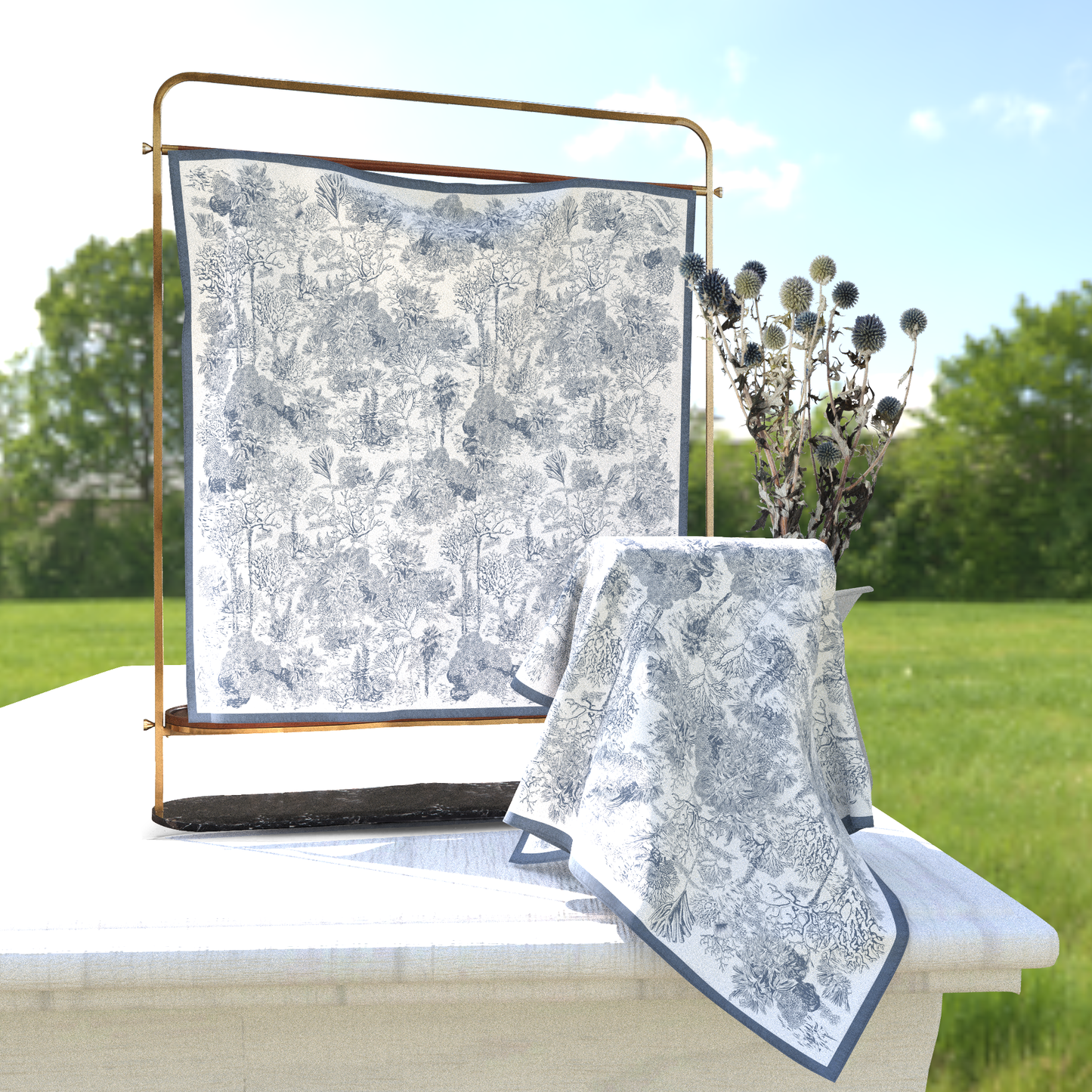 "Toile De Jouy" Dusty Blue Silky Scarf (60cm)