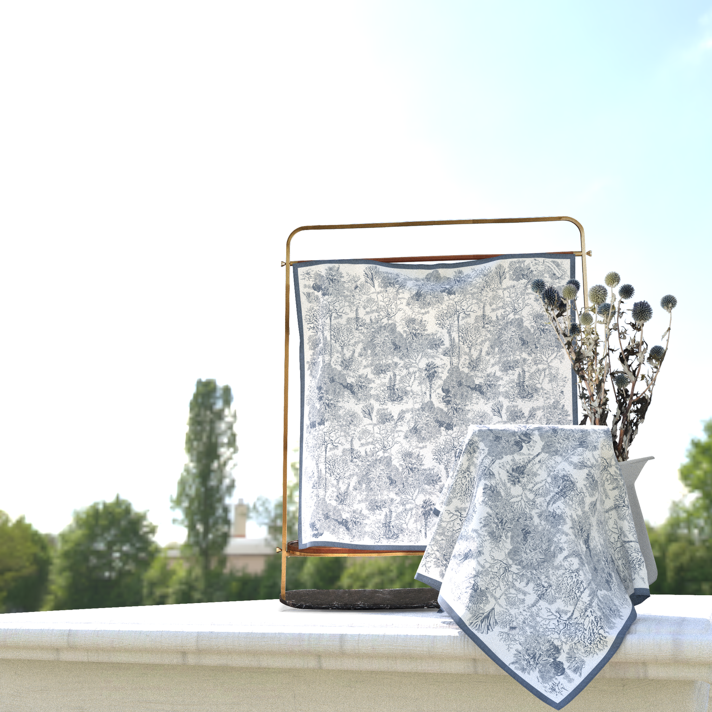 "Toile De Jouy" Dusty Blue Silky Scarf (60cm)