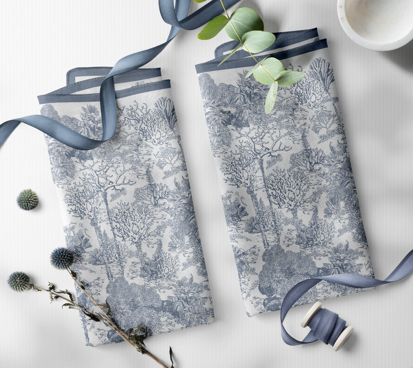 "Toile De Jouy" Dusty Blue Silky Scarf (60cm)