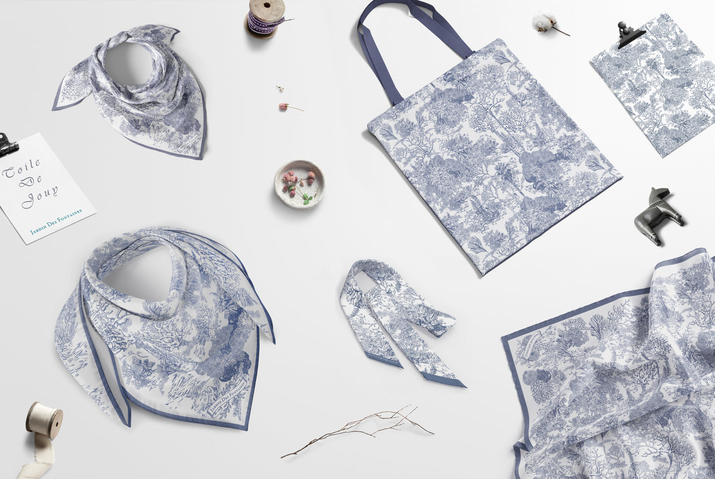 "Toile De Jouy" Dusty Blue Silky Scarf (60cm)