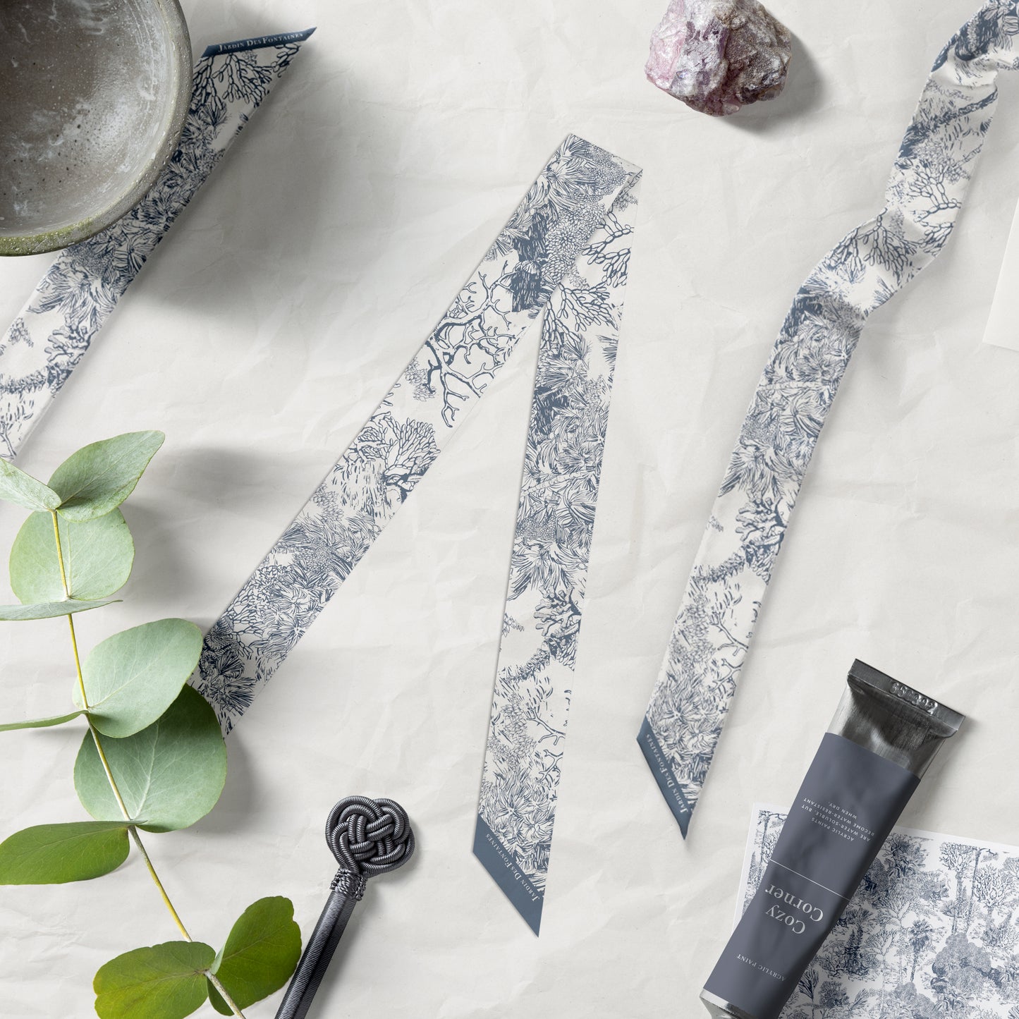 "Toile De Jouy" Dusty Blue Twilly Silky Scarf (105cm)