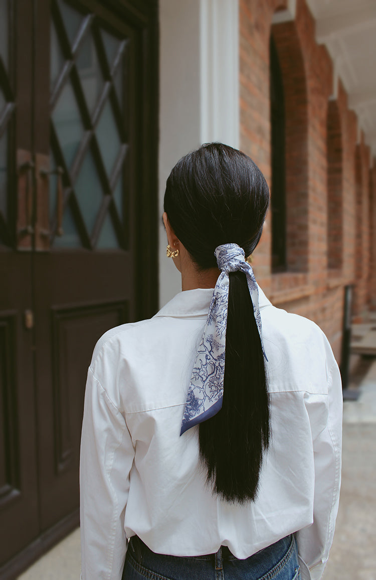 "Toile De Jouy" Dusty Blue Twilly Silky Scarf (105cm)