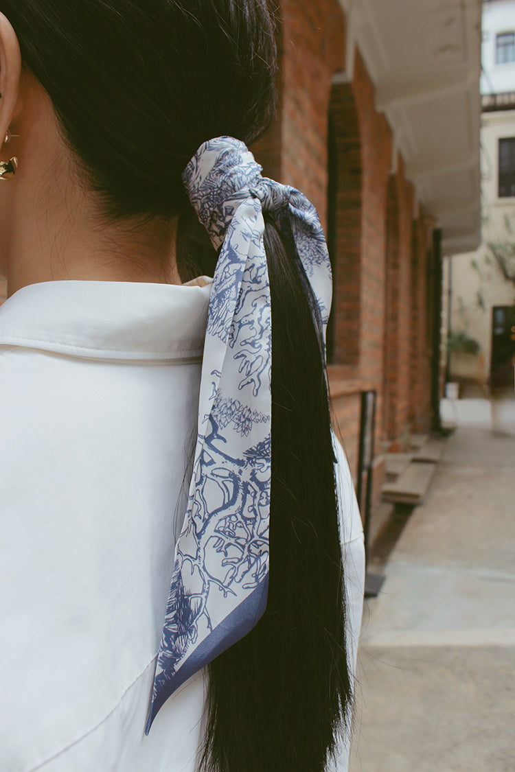 "Toile De Jouy" Dusty Blue Twilly Silky Scarf (105cm)