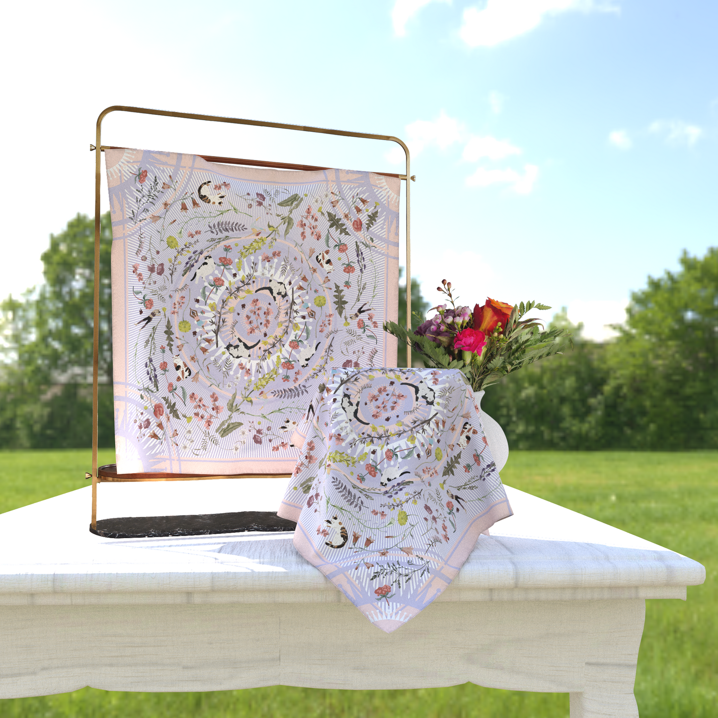 "Yogis Cat and Flower" 60cm Silky Scarf