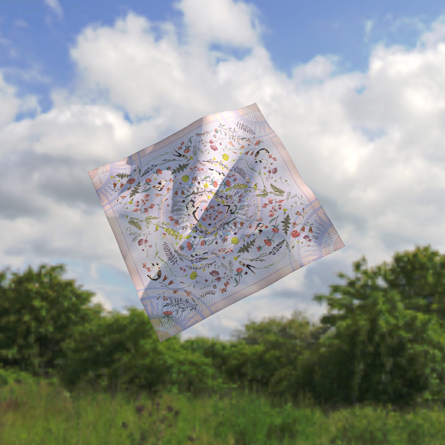 "Yogis Cat and Flower" 60cm Silky Scarf