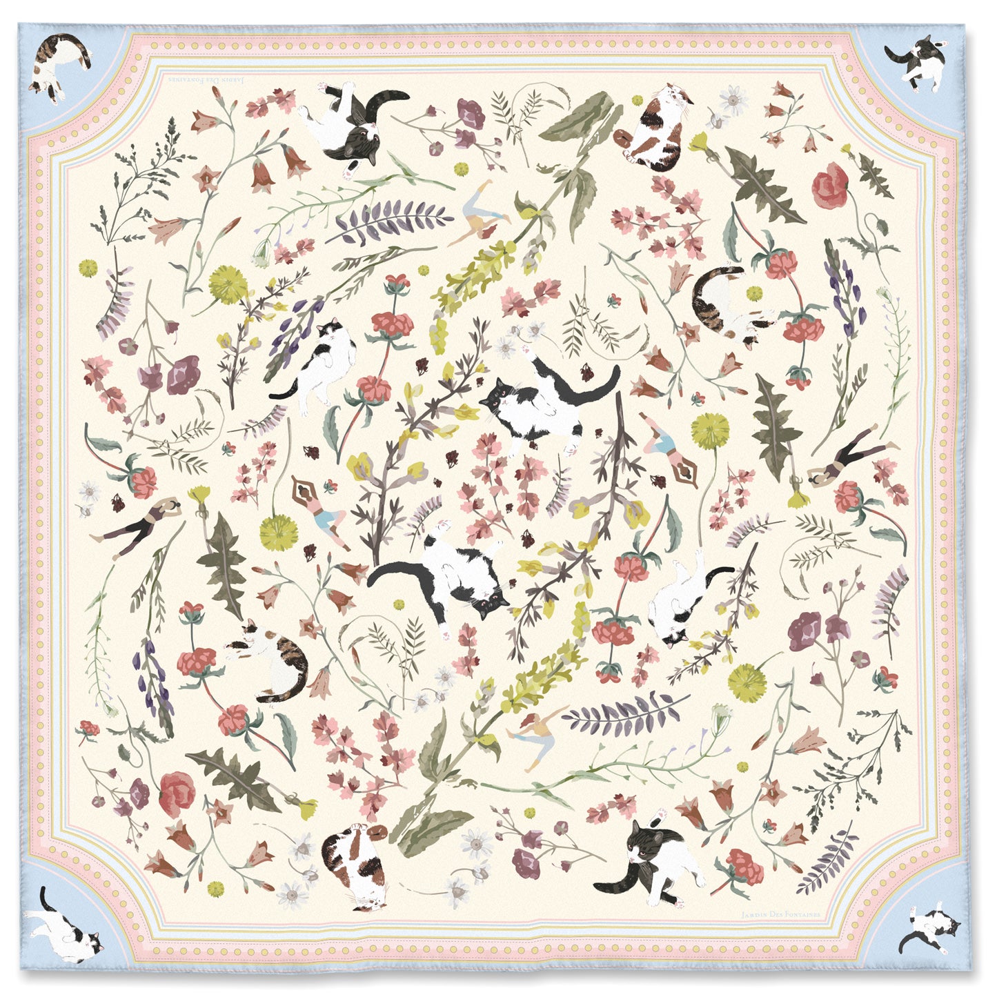 "Yogis Cat and Flower"  Yellow Field Silky Scarf (90cm)