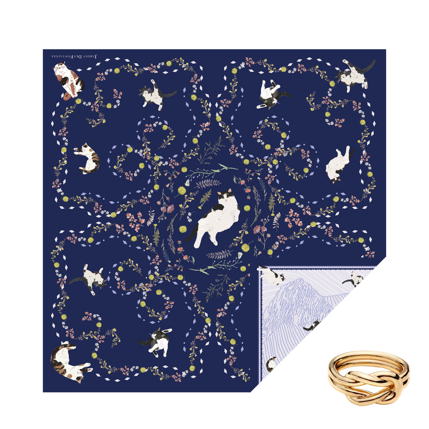 "Yogis Cat and Flower" Navy Tatra Mountain Silky Scarf Gift Set (Double Face Silky Scarf and Scarf Ring)
