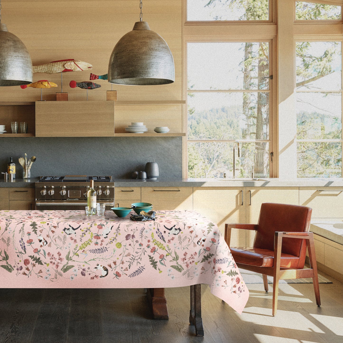 "Yogis Cat and Flower" Pink Field Waterproof Tablecloth